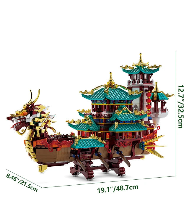 2453 piezas: Juego de construcción de barca dragón de estilo chino
