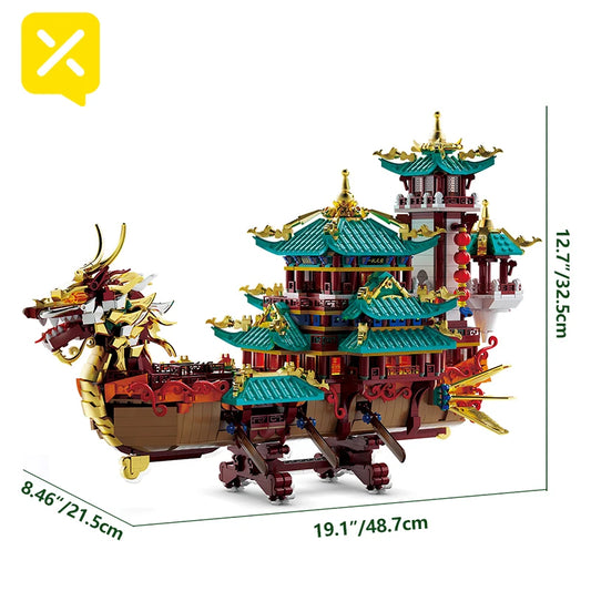2453 piezas: Juego de construcción de barca dragón de estilo chino