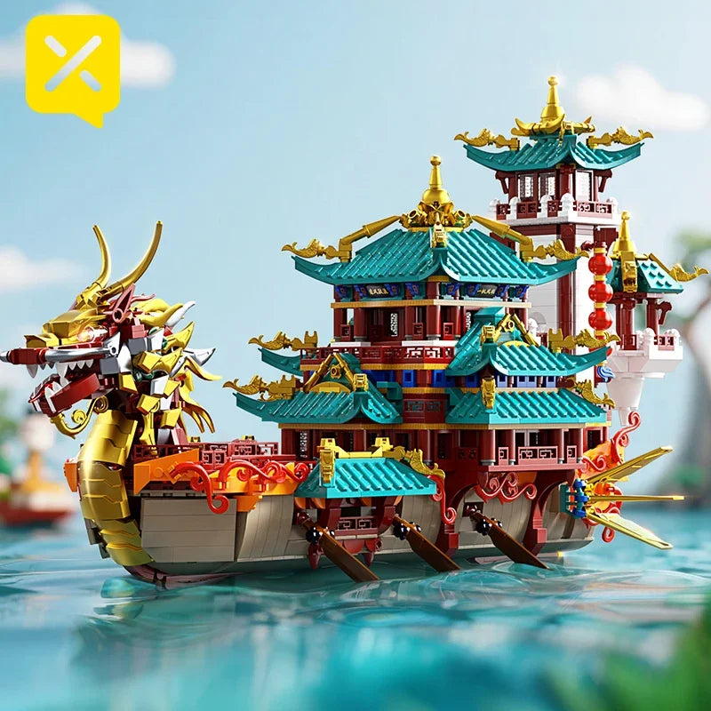2453 piezas: Juego de construcción de barca dragón de estilo chino