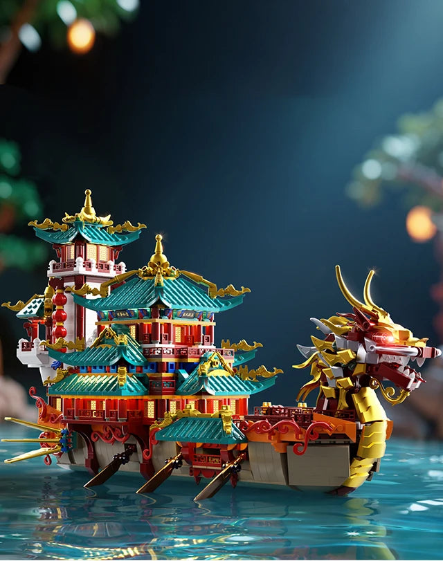 2453 piezas: Juego de construcción de barca dragón de estilo chino